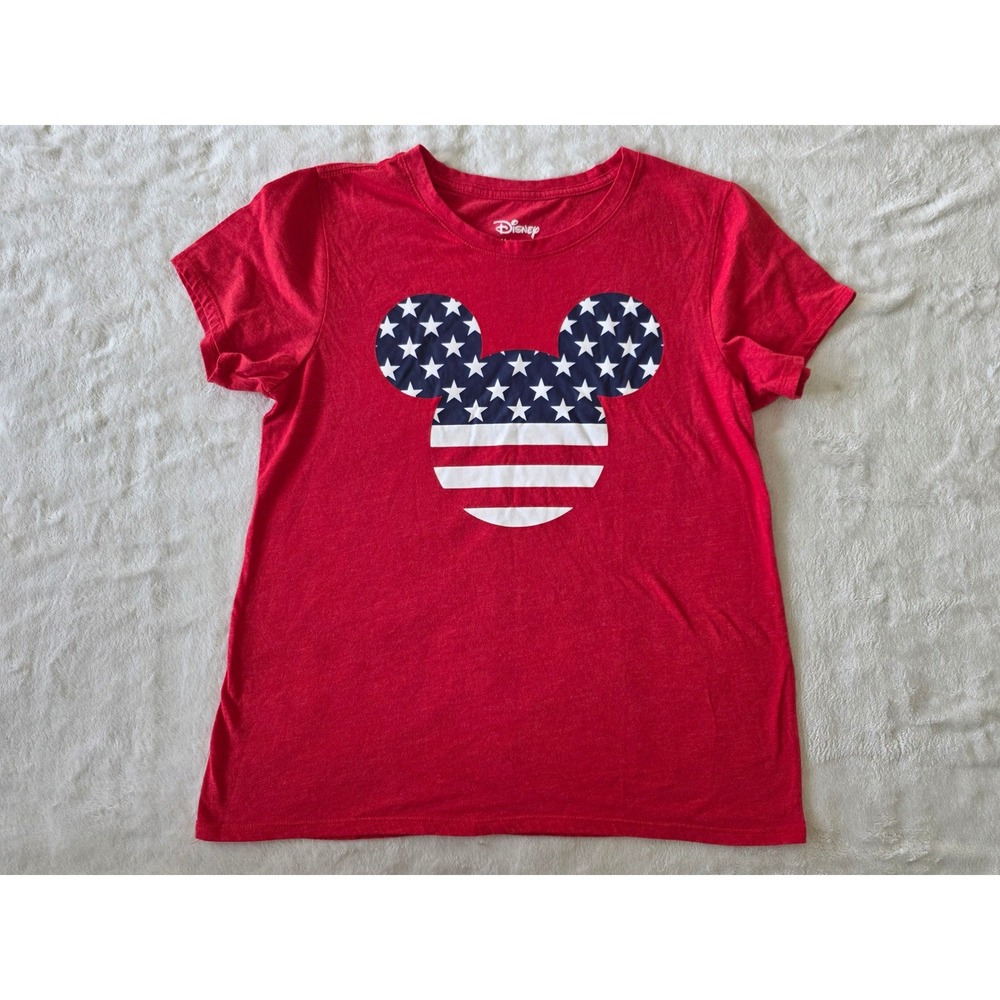 Disney Mickey Mouse American Flag Graphic T Shirt Womens Size Medium Red‎